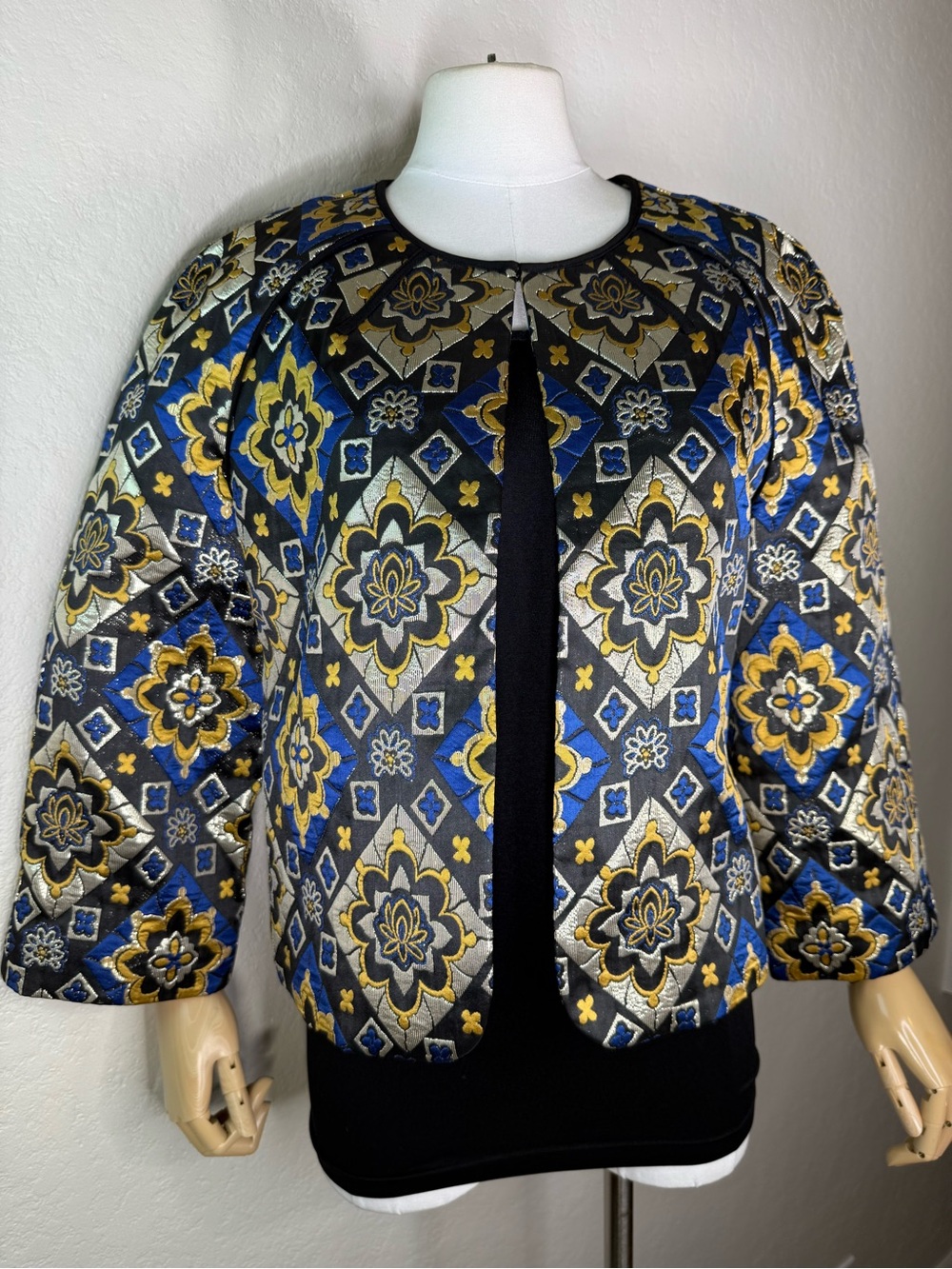 Ann Taylor LOFT Shimmer Mosaic Brocade Metallic Vintage Style Quilted Jacket S - Picture 2 of 16